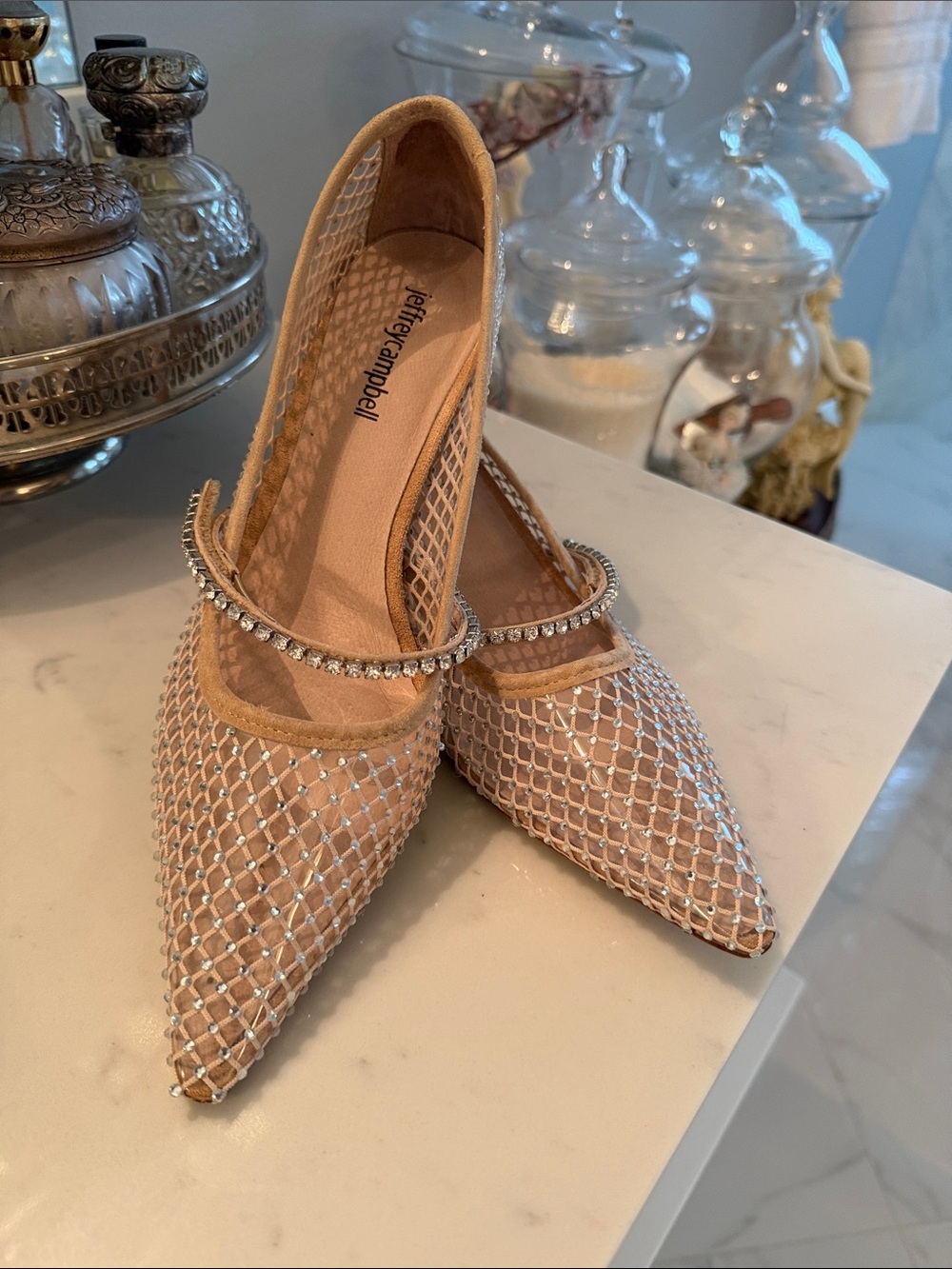 Jeffrey Campbell Nude Mesh Pointed-Toe Flats with Rhinestone Strap